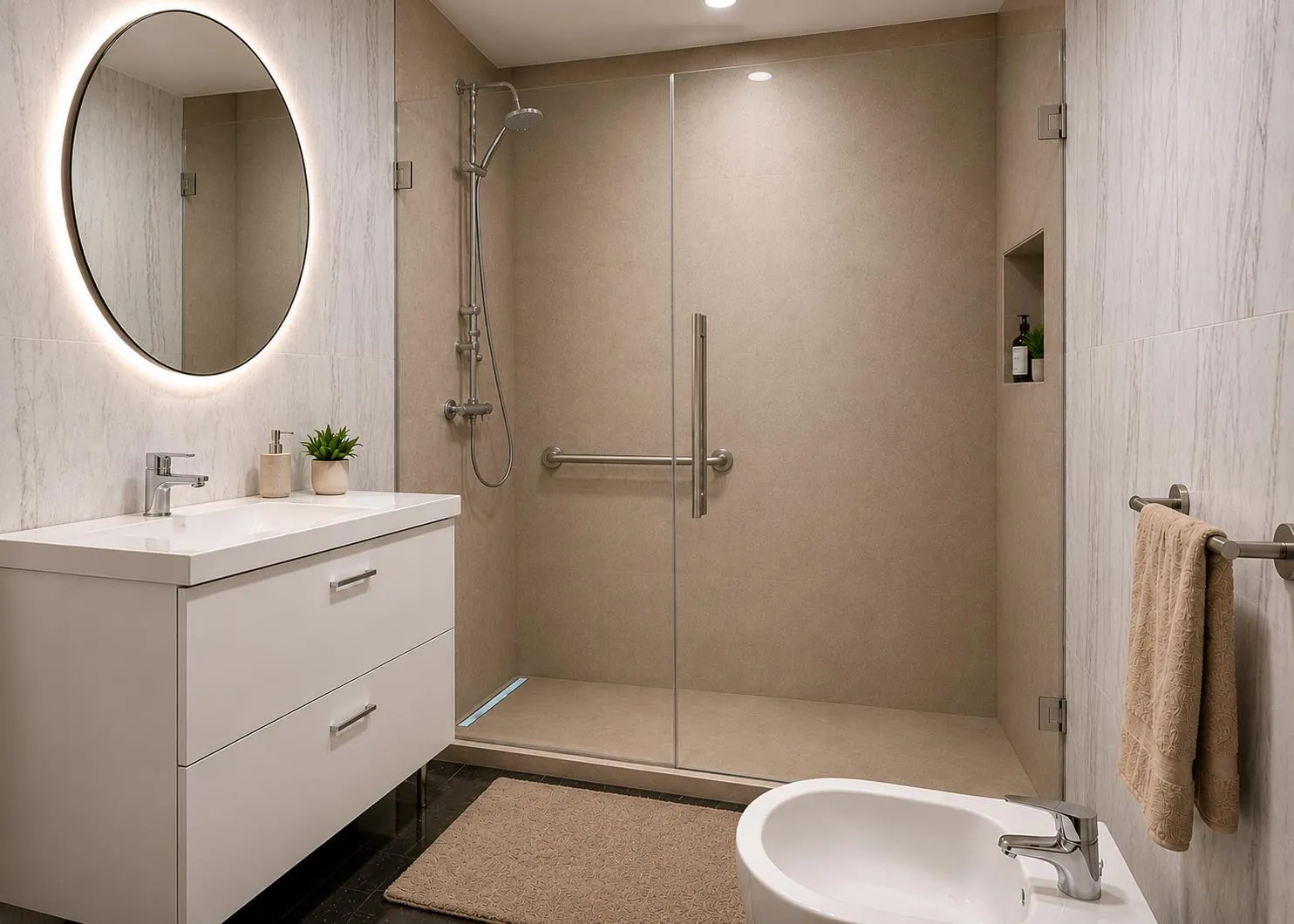 Proyectos Baño en tonos tierra con ducha vidriada, mueble flotante blanco y espejo redondo con luz