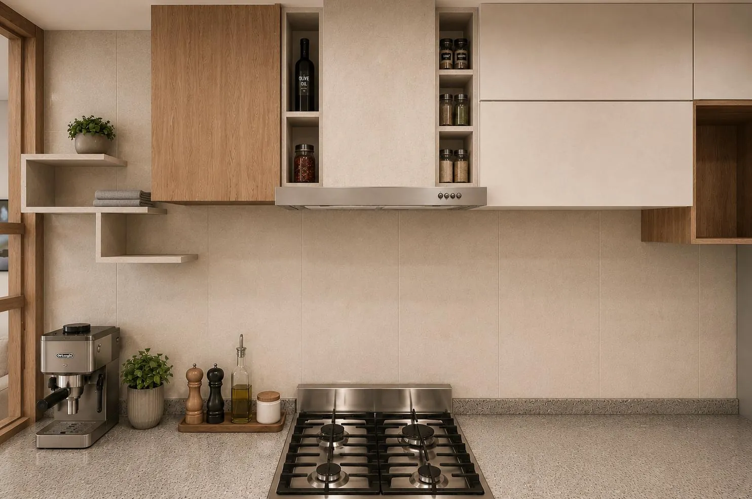 Proyectos Cocina con muebles altos en roble y melamina blanca, repisas a medida y campana