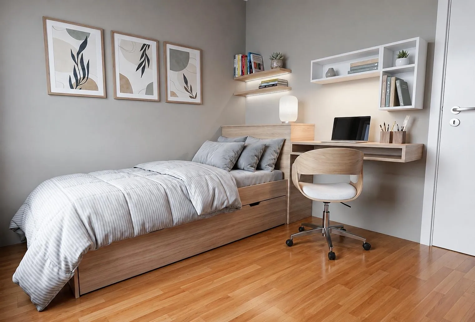 Proyectos Habitación con cama nido con cajones, escritorio flotante y repisas iluminadas