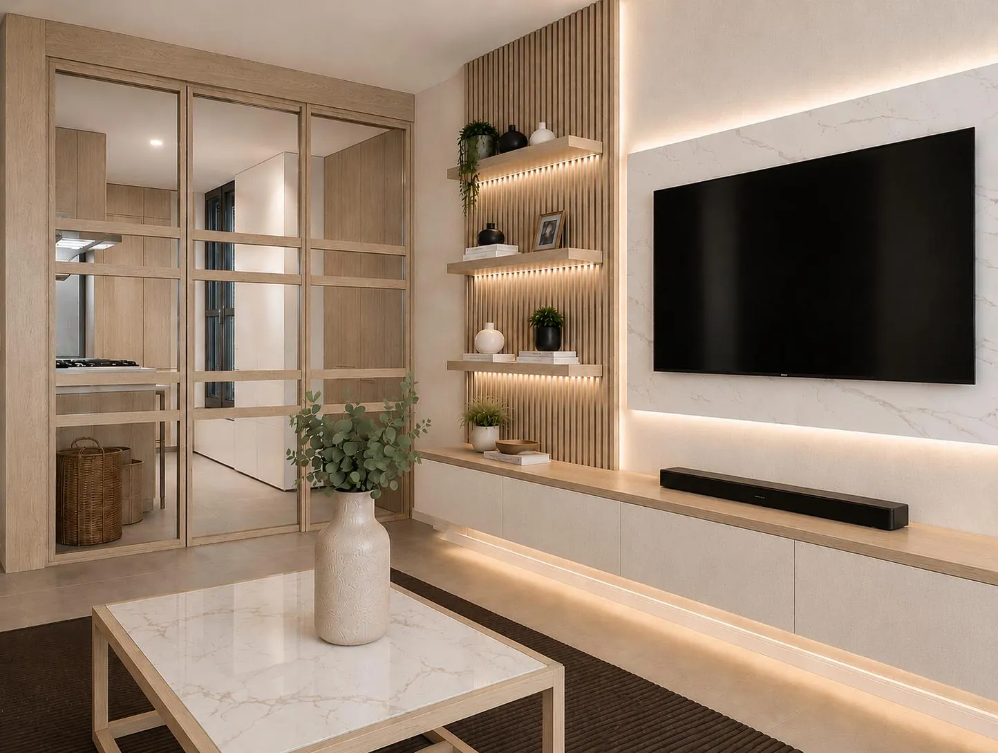Proyectos Mueble de TV con panel símil Calacatta, listones de roble y repisas con luz LED, junto a la puerta divisora vidriada hacia la cocina