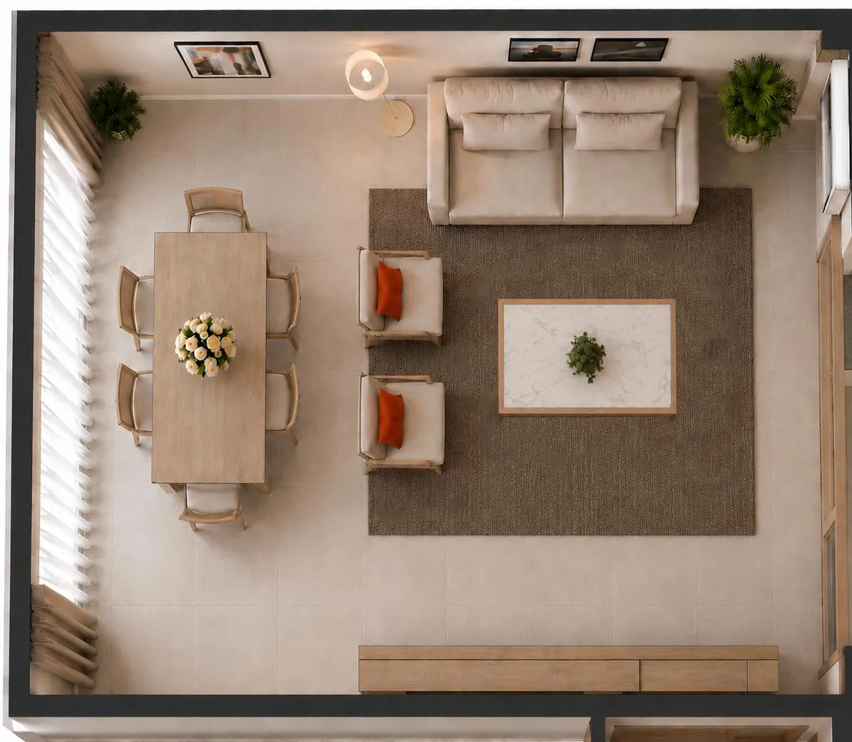 Proyectos Vista en planta del living-comedor con sillones, mesa de comedor y alfombra