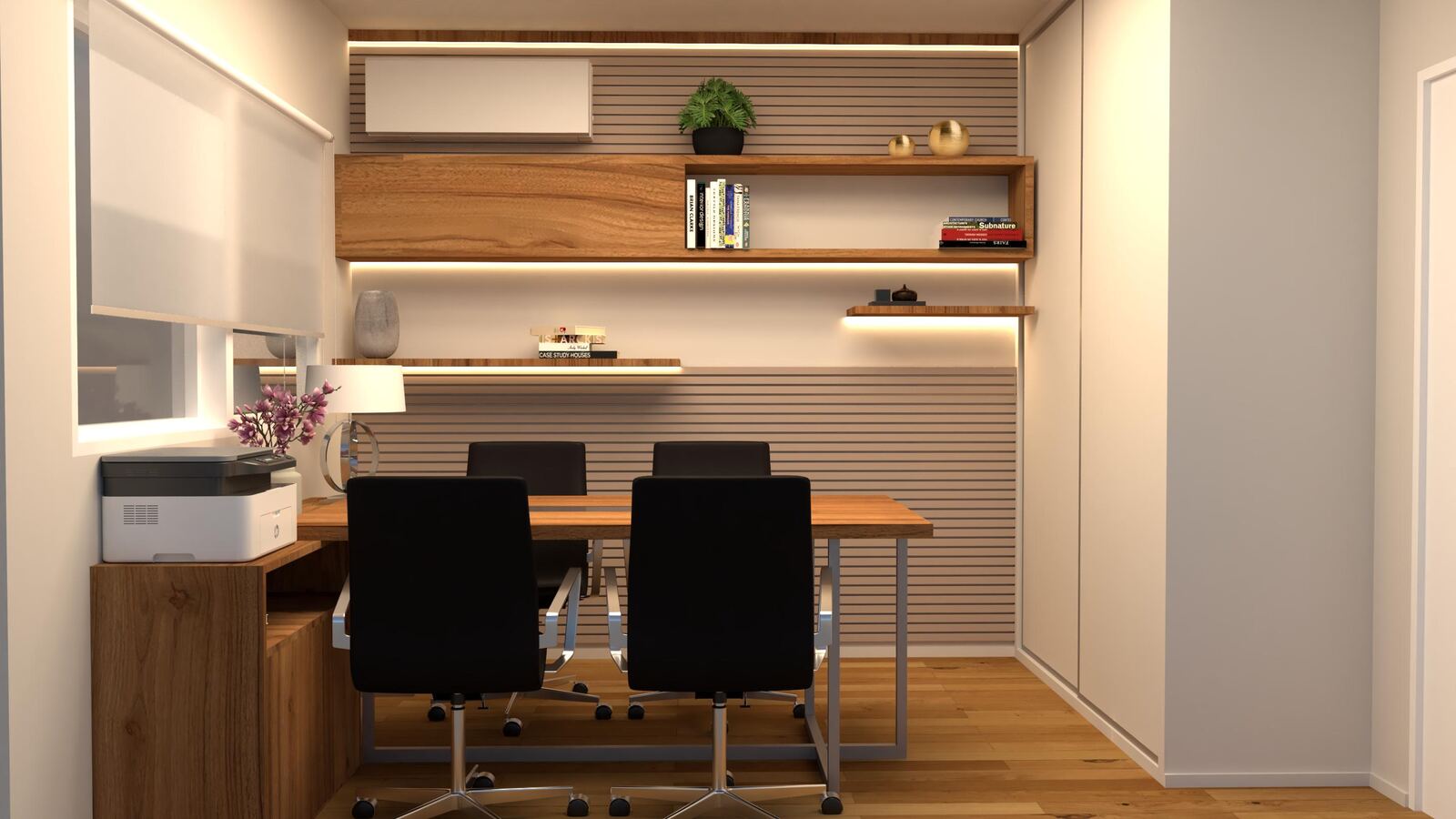 Proyectos Despacho con paneles de listones, mesa de madera y estantes iluminados