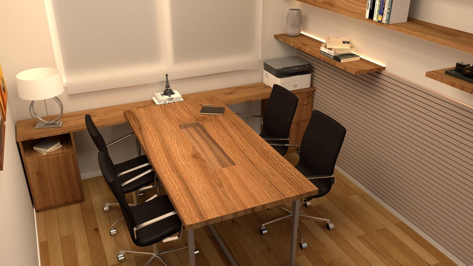 Proyectos Vista cenital del despacho con escritorio de madera y sillas de trabajo
