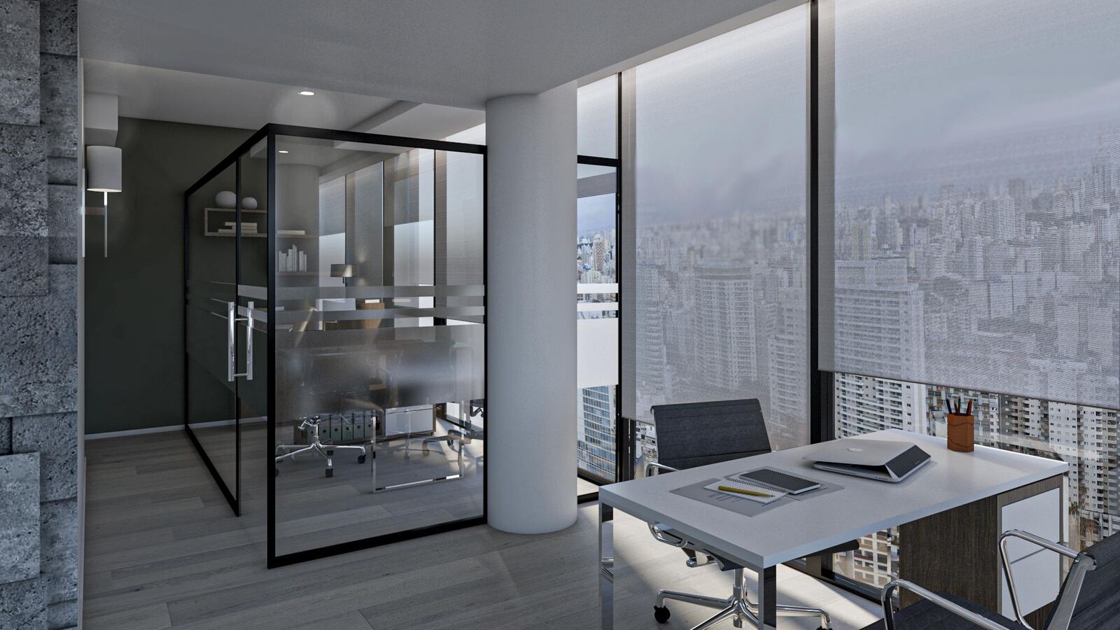 Proyectos Oficina privada vidriada junto a ventanal con vista a la ciudad