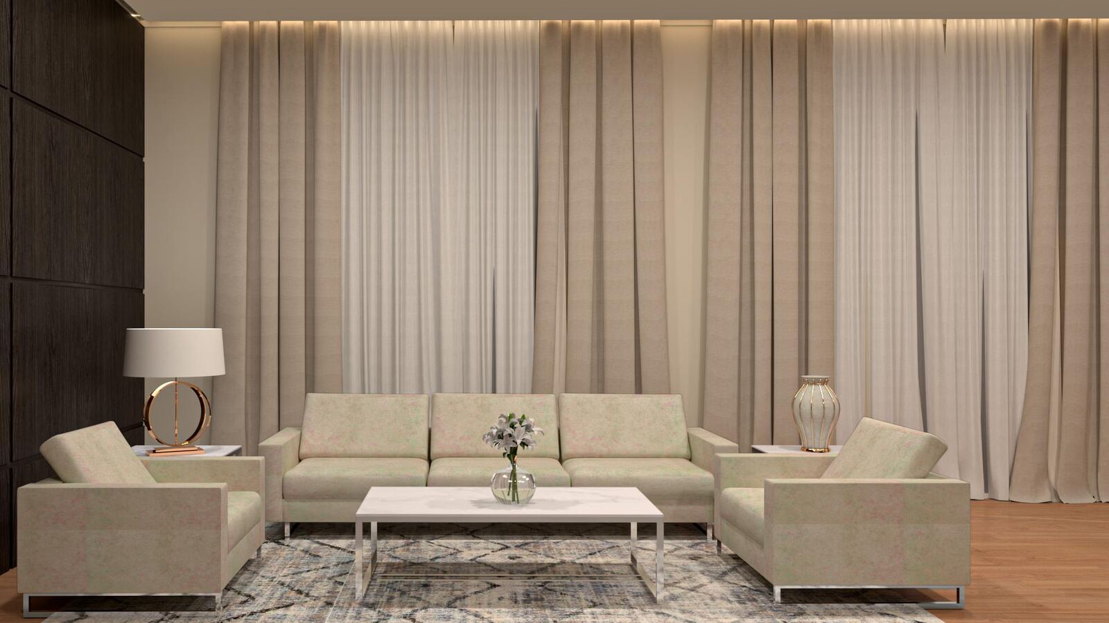 Proyectos Sala de estar con sillones, mesa ratona de mármol y cortinados