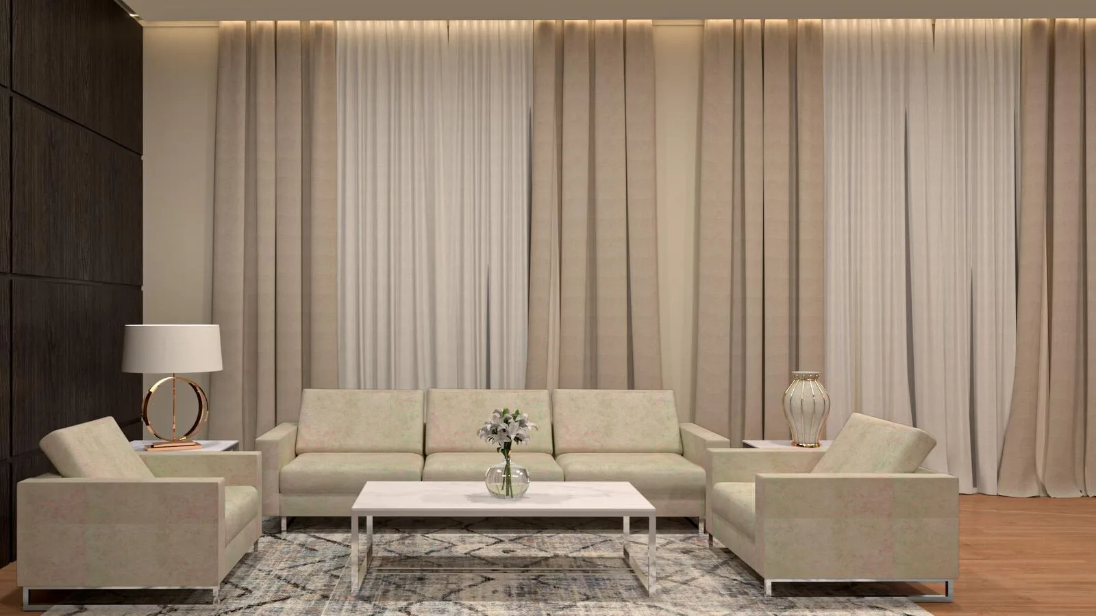 Proyectos Sala de estar con sillones, mesa ratona de mármol y cortinados