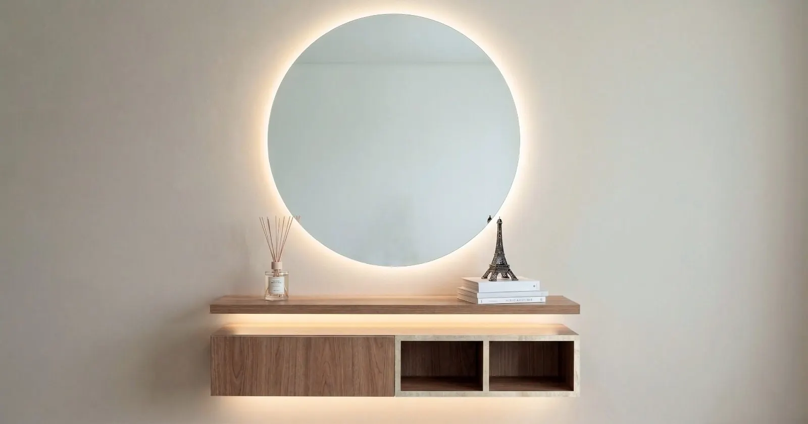 Proyectos Consola flotante de madera con espejo circular retroiluminado
