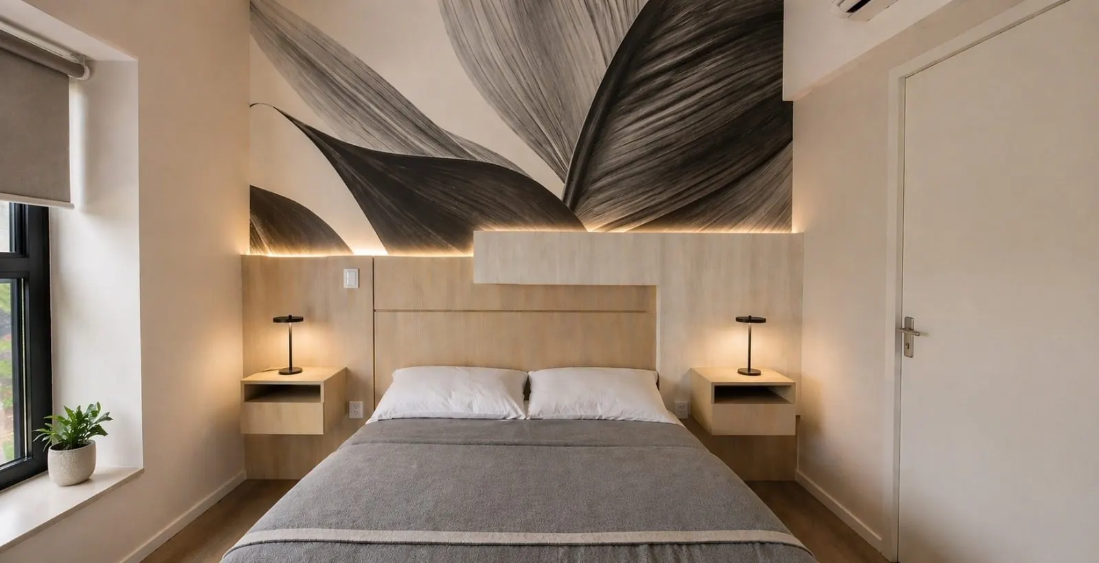 Proyectos Dormitorio con cabecera de madera y mural decorativo