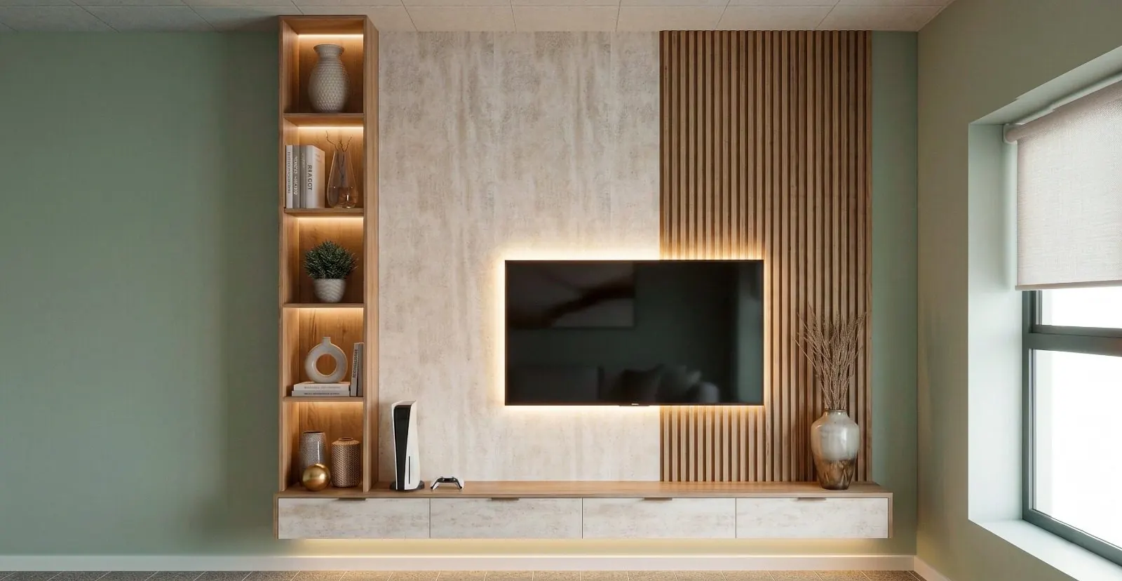 Proyectos Pared del televisor con listones de madera y nicho iluminado