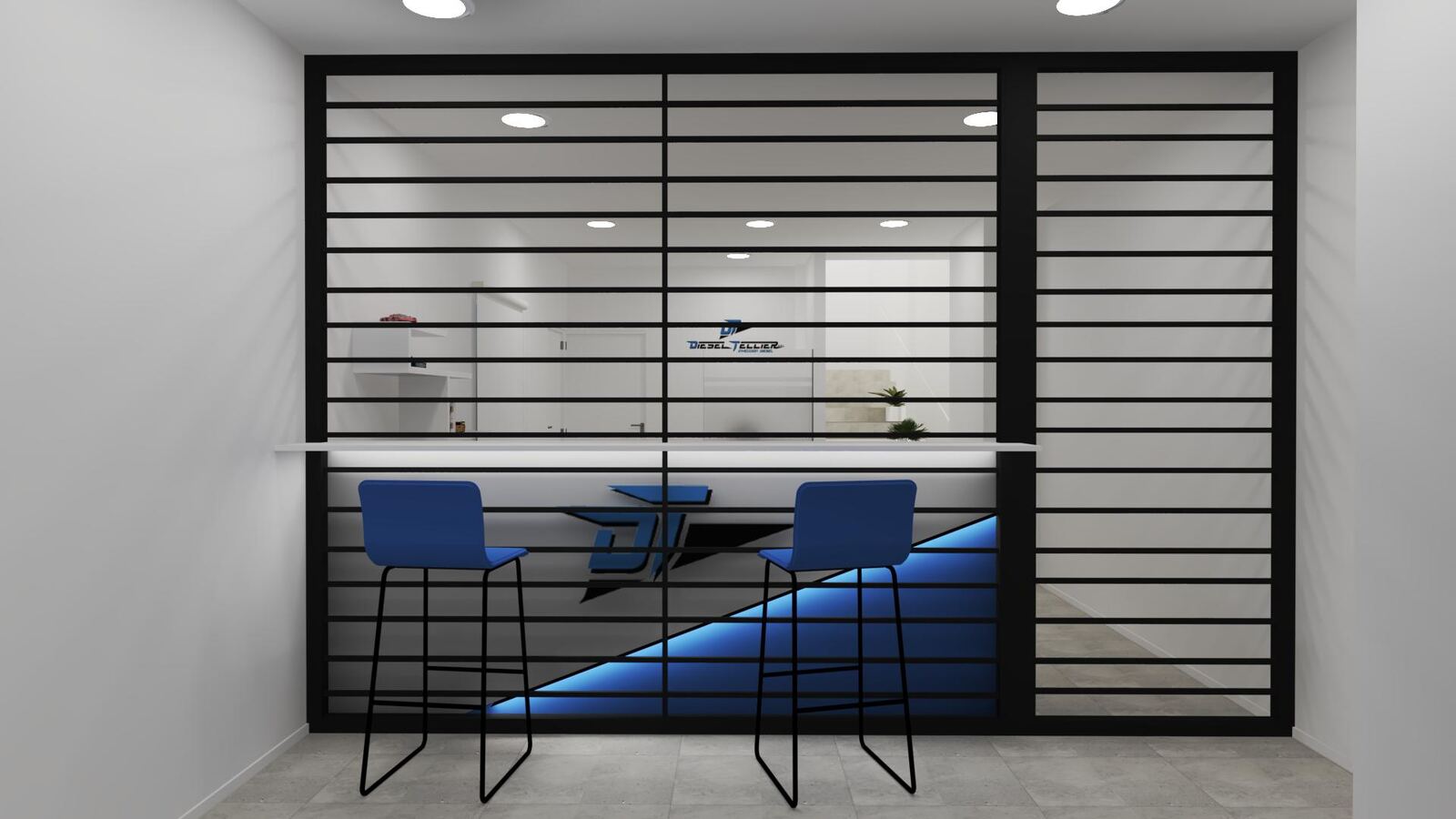 Proyectos Barra con taburetes azules y cerramiento de listones negros iluminado