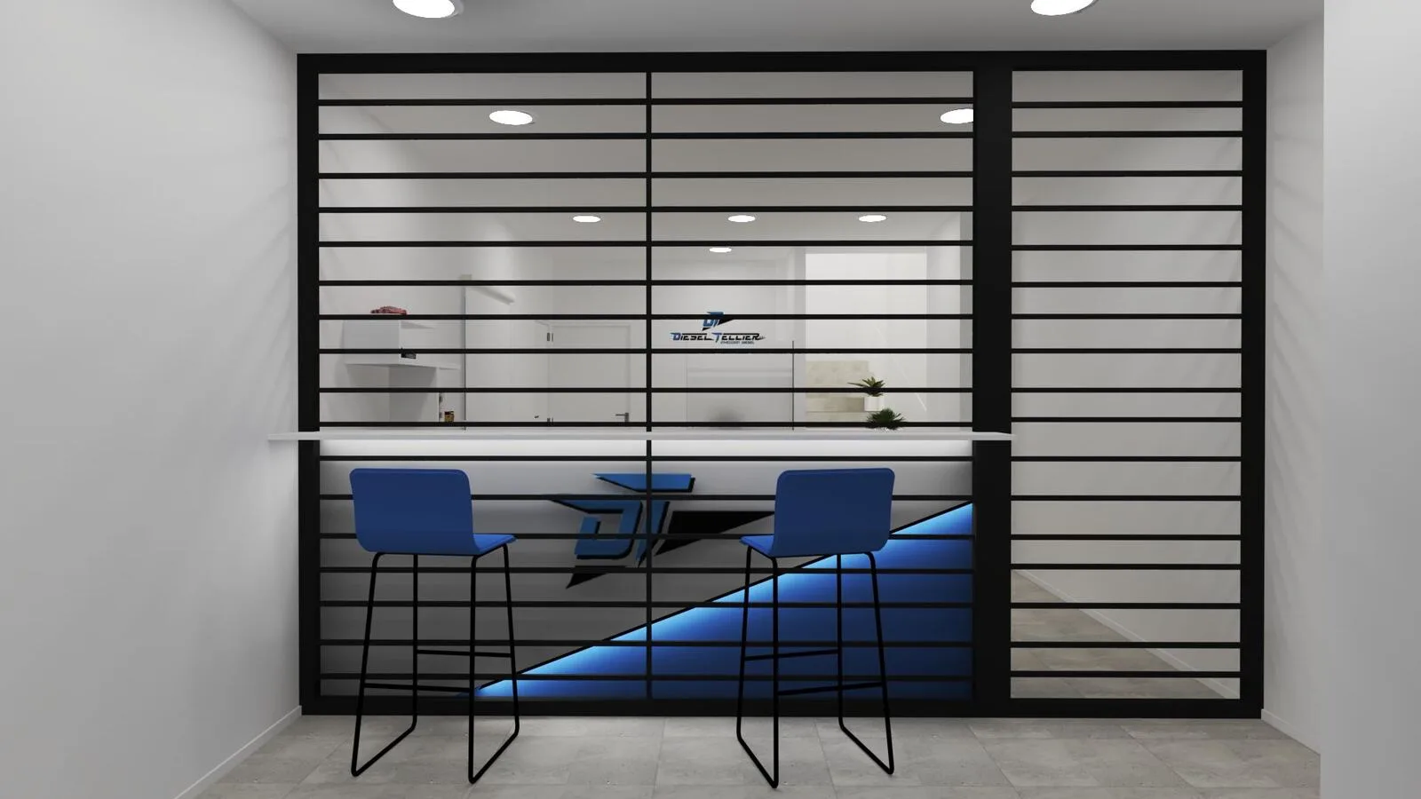 Proyectos Barra con taburetes azules y cerramiento de listones negros iluminado
